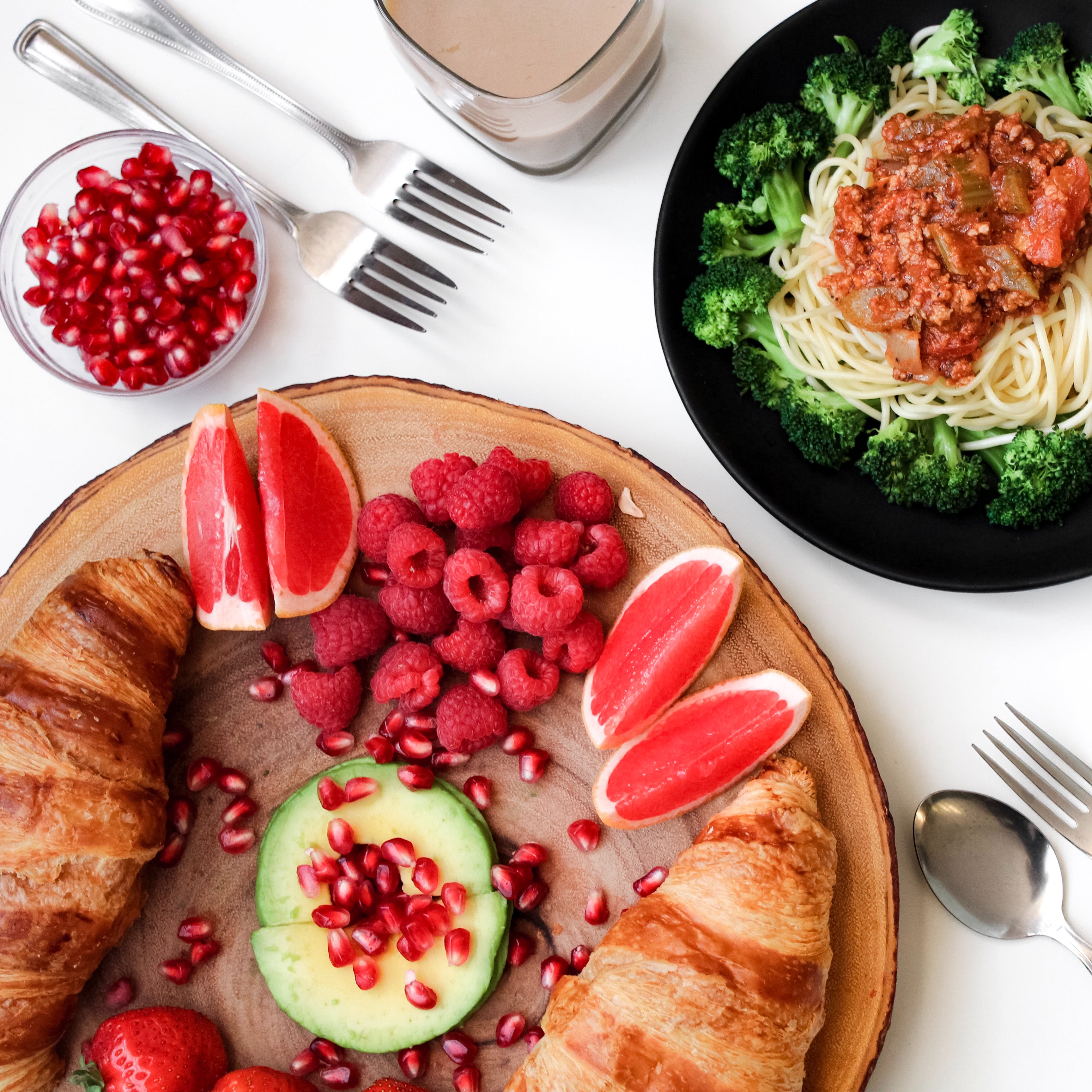 spaghetti bolognese and a salad platter